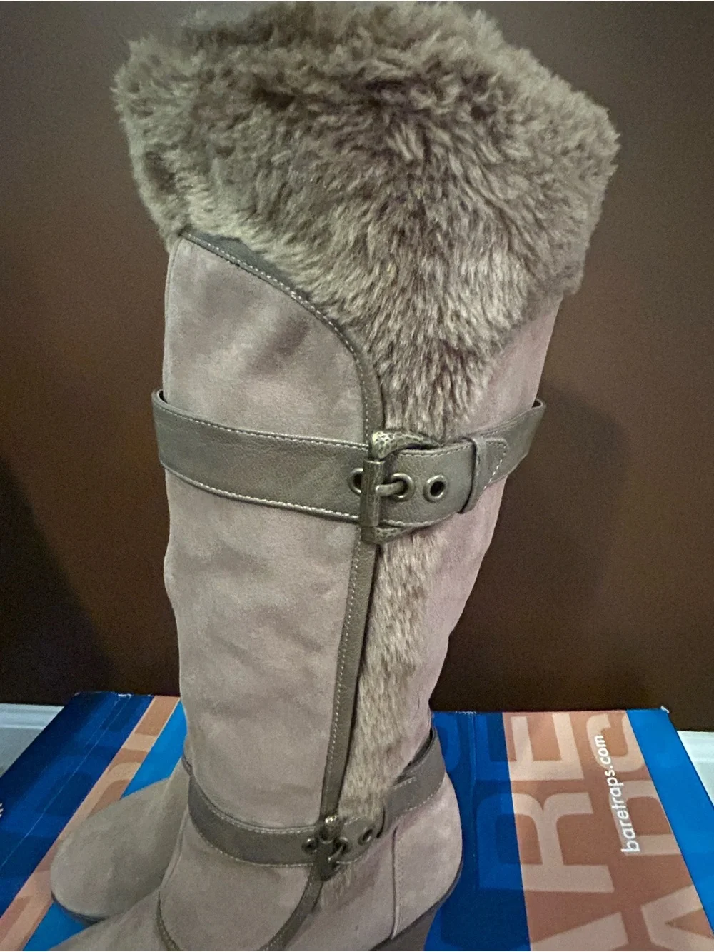 NIB BareTraps Aletta Faux Suede Faux Fur Lined Wedge Tall Boots Women's Size 8.5